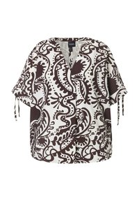 Blouse blanche avec un motif paisley marron, manches courtes, col en V et liens aux ourlets des manches. Fabriquée en tissu léger, elle présente une coupe ample.