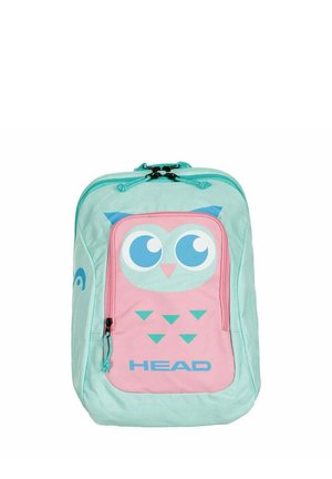 Zaino azzurro chiaro e rosa con grande faccia di gufo in stile cartone animato e logo "HEAD" sulla tasca frontale con cerniera.