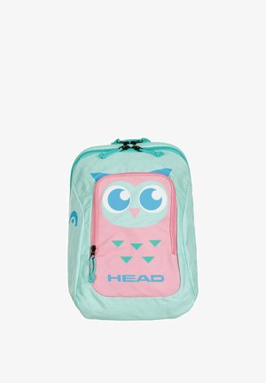 Sac à dos bleu clair et rose avec un grand visage de hibou dessin animé et le logo "HEAD" sur la poche avant zippée.