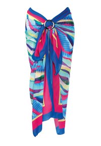 Kolorowa sarong o wzorze, wykonany z lekkiej tkaniny, z okrągłym metalowym pierścieniem i zwiewnym krojem w odcieniach niebieskiego, różowego i zielonego.
