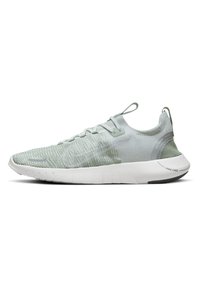 Light green athletic shoe with a textured knit upper, cushioned white sole, and distinct branding on the heel and side. Features lace-up design.