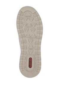 Beige rubber shoe sole with a textured surface. Triangular tread pattern and a central logo detail in brown. Durable design for grip.