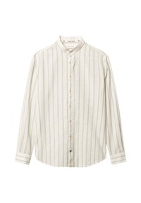 Camicia a maniche lunghe di un beige chiaro con sottili strisce verticali. Presenta un colletto alla band e una chiusura frontale con bottoni beige.