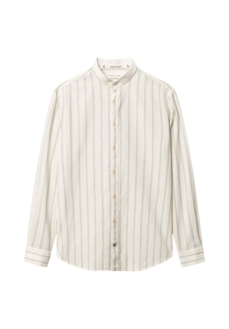 Camicia a maniche lunghe di un beige chiaro con sottili strisce verticali. Presenta un colletto alla band e una chiusura frontale con bottoni beige.