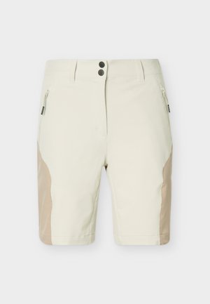 Beige und hellbraune knielange Shorts mit zwei vorderen Reißverschlusstaschen und doppeltem Knopfverschluss in der Taille.