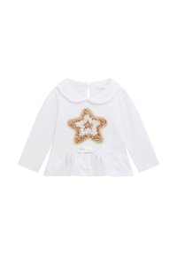 Maglietta bianca a maniche lunghe con colletto rotondo, caratterizzata da un motivo a stella beige testurizzato e un orlo inferiore arricciato. Nome del marchio in sequine.