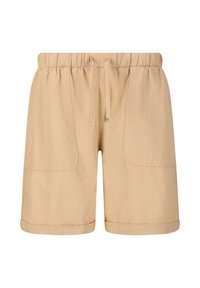 Beiga shorts med elastiskt midjeband och dragsko, två stora sidofickor och uppvikta ärmar för en avslappnad passform.