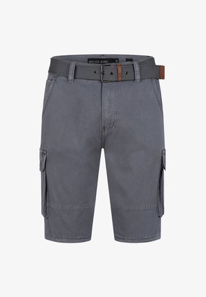Shorts de cargo gris en tissu à texture lisse. Dotés d'une ceinture assortie, de multiples poches et de simples détails de couture.