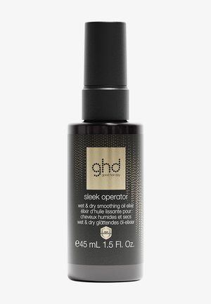 Czarna butelka z rozpylaczem o pojemności 45 ml ghd sleek operator eliksiru olejowego wygładzającego na mokro i na sucho z etykietą ochrony termicznej.