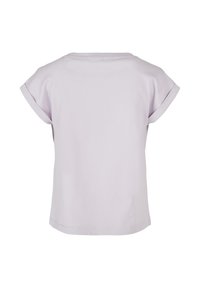 Preprosta svetlo siva majica s kratkimi rokavi, zavihani robovi rokavov, okrogel izrez vratu in raven spodnji rob, prikazana od zadaj na belem ozadju.