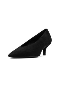 Soulier en suède noir avec un embout pointu et un petit talon empilé. La tige présente une texture lisse et un design épuré.