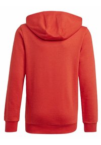 Felpa rossa con cappuccio, maniche lunghe, polsini e orlo a costine, realizzata in tessuto morbido, caratterizzata da un ampio cappuccio arrotondato sul retro.