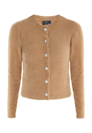 Beige, kuscheliger Cardigan mit langen Ärmeln, rundem Ausschnitt und silbernen Knöpfen an der Vorderseite. Weicher Stoff, leicht taillierte Passform und ohne Muster.