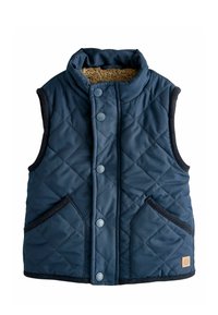 Navy quilted vest featuring a high collar, front snap buttons, and two side pockets. Interior lined with tan faux fur. Trimmed with dark edging.