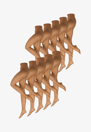 Dünne beige Strumpfhose mit glatter Textur, langer Länge und breitem Bund, entworfen, um die Beine von den Zehen bis zur Taille zu bedecken.