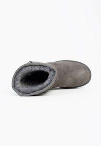 Stivale alla caviglia in suede grigio con una morbida fodera pelosa, punta tonda, suola piatta e dettagli cuciti attorno all'apertura superiore.
