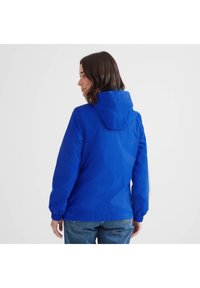 Blue waterproof jacket with a hood, elastic cuffs, and a relaxed fit. Smooth texture and lightweight material, suitable for rainy weather.