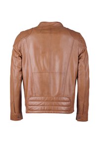 Braune Lederjacke mit geradem Schnitt, featuring Schulternähten, horizontalen Paneelen und knöpfbaren Bündchen. Glatte Textur und minimale Details.