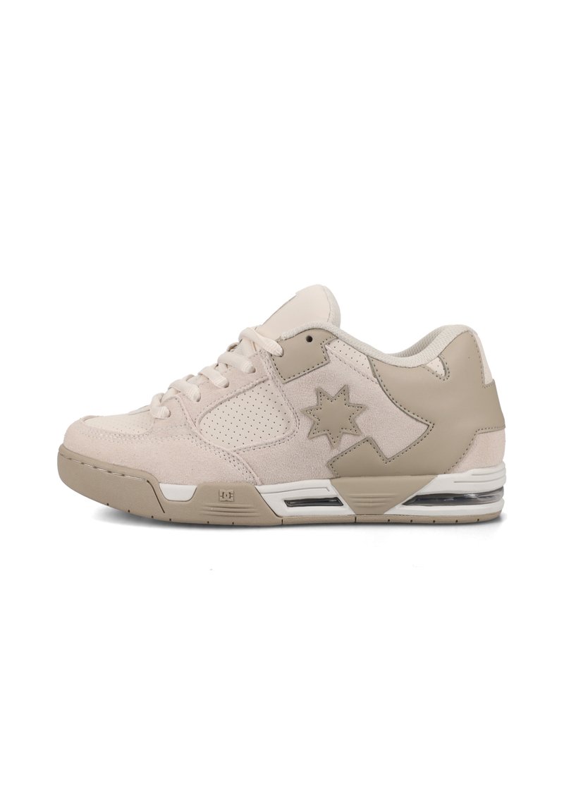 Beige suede sneaker with mesh panels and a rubber sole. Features a rounded toe, lace-up closure, and a star logo on the side.