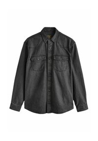 Camicia di jeans grigia scura con maniche lunghe, patta con bottoni, due tasche sul petto e colletto a punta. Presenta un design con yoke in stile western.