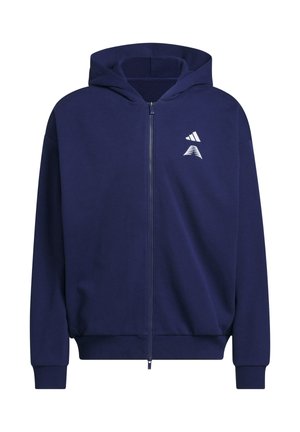 Marineblaue Kapuzenjacke mit Reißverschluss aus weichem Stoff, mit einem Frontreißverschluss, Seitentaschen und einem weißen Logo auf der Brust.