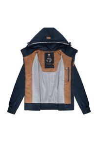 Marineblå jakke med hætte, med brune ruskindsdetaljer indvendigt. Lynlås foran, elastiske manchetter og en indvendig etiket med grafik.