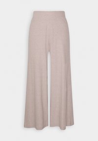 Kalhoty s širokými nohavicemi ve světle béžové barvě, vyrobené z měkké, strukturované tkaniny s elastickým pasem. Mají uvolněný střih a dlouhý střih.