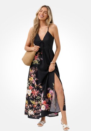 Cupshe, FLORAL PRINT STRAPPY WITH SIDE SLITS - Vestito lungo - black pink floral