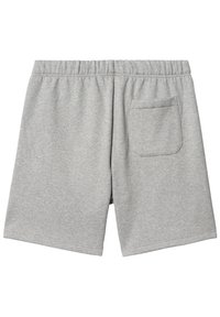 Gray cotton shorts featuring an elastic waistband, a single back pocket, and side seams with a straight-cut hem. Soft texture.