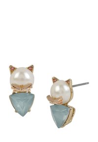 Cat-themed earrings featuring a pearl top with gold accents and a triangular aqua stone base. The design includes pink gem details.
