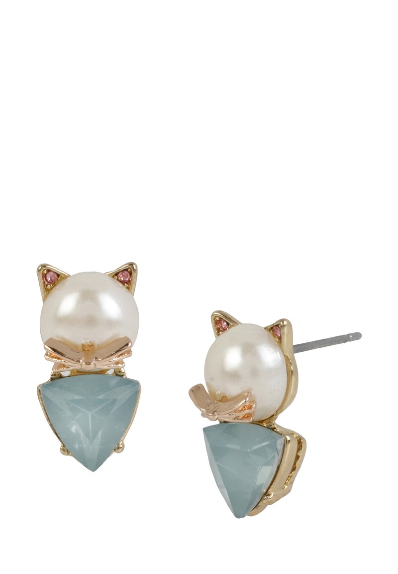 Cat-themed earrings featuring a pearl top with gold accents and a triangular aqua stone base. The design includes pink gem details.