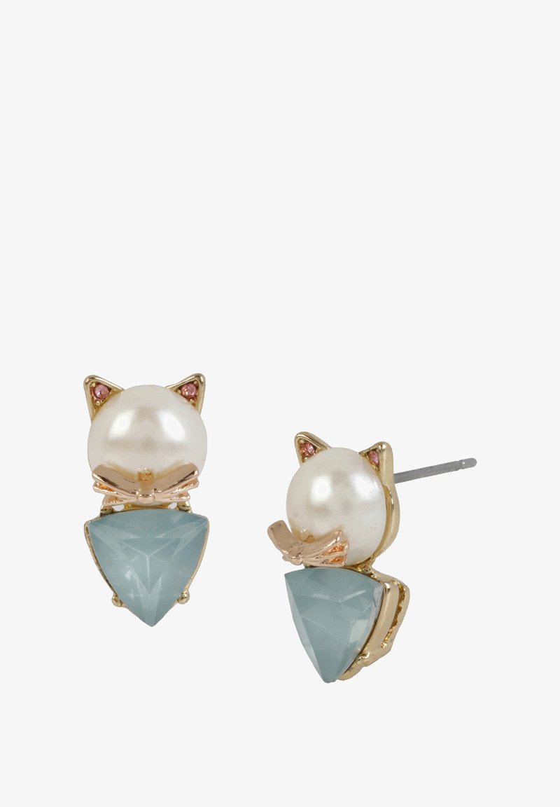 Cat-themed earrings featuring a pearl top with gold accents and a triangular aqua stone base. The design includes pink gem details.