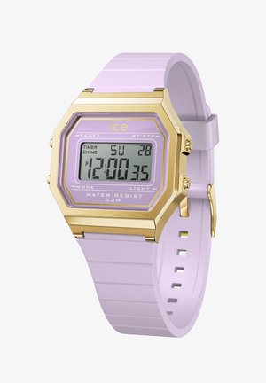 Digitalur med et rektangulært guldfarvet urkasse, lavendelfarvet resinrem og LCD-display, der viser tid, dato og timerfunktioner. Vandtæt op til 30 m.