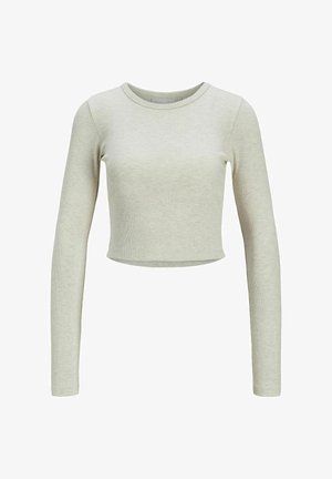 Ljusgrå långärmad ribbad topp med rund halsringning och cropped fåll. Mjuk textur och figurnära design för en bekväm passform.