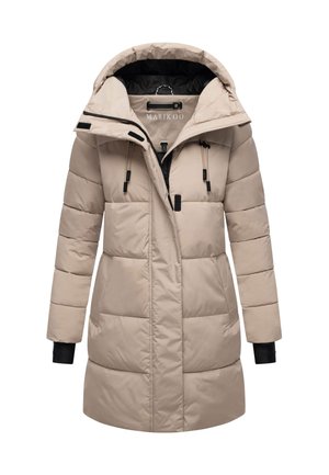 Veste d'hiver en duvet beige avec capuche, fermeture éclair à l'avant, cordons de serrage, deux poches et poignets intérieurs noirs, présentée de face sur un fond blanc.