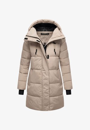 Cappotto invernale imbottito beige con cappuccio, zip frontale, cordini, due tasche e polsini interni neri, mostrato frontalmente su sfondo bianco.