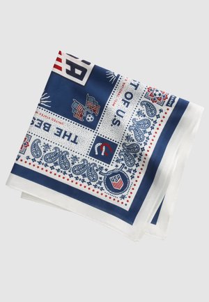 Écharpe blanche et bleue pliée avec des motifs de football américain, des drapeaux américains, des motifs cachemire, des étoiles et un texte faisant référence à l'équipe nationale.