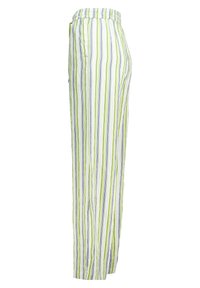 Lightweight, striped pants with vertical green, blue, and white lines, elastic waistband, and loose fit. Made from breathable fabric.