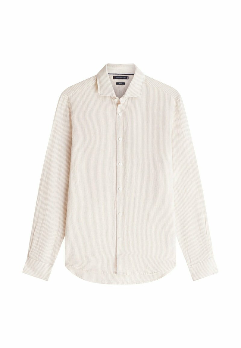 Chemise à manches longues boutonnée avec des fines rayures verticales beige clair, dotée d'un col classique et de poignets à un bouton.