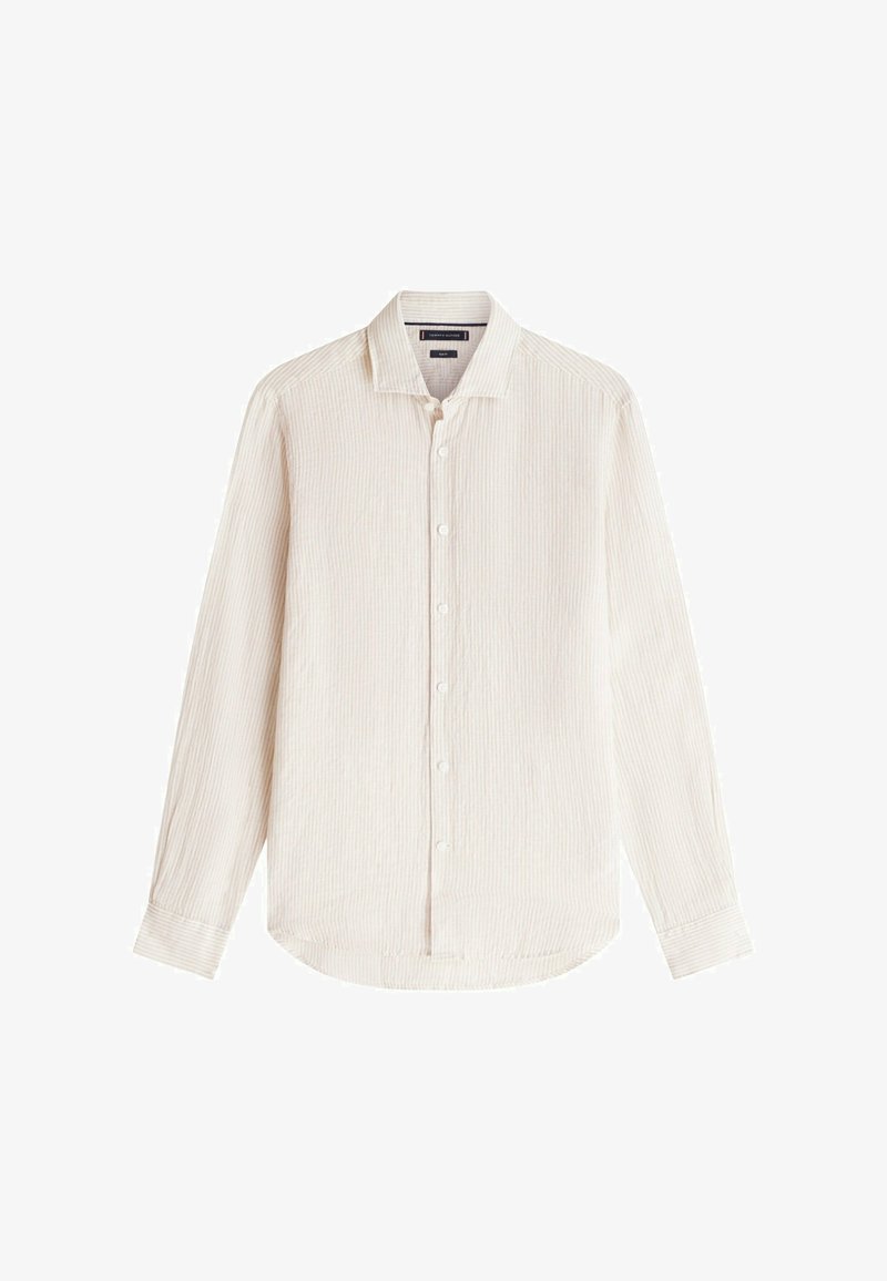 Chemise à manches longues boutonnée avec des fines rayures verticales beige clair, dotée d'un col classique et de poignets à un bouton.