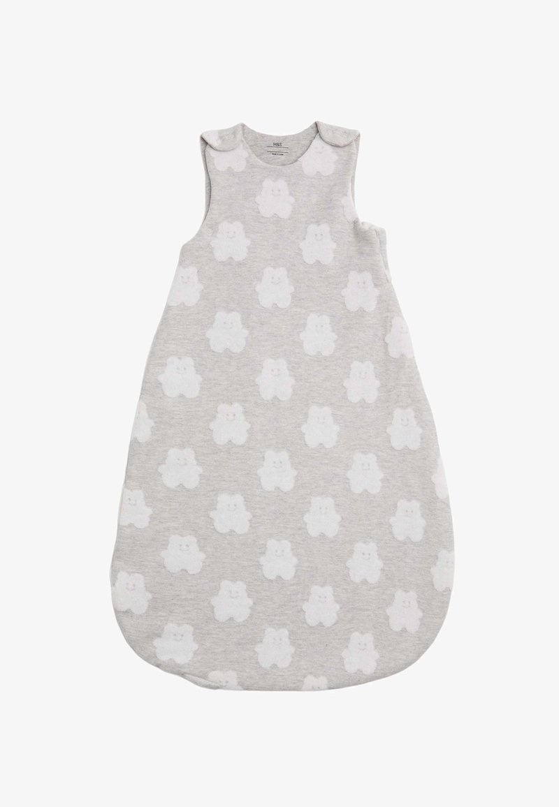 Szary bezrękawnikowy śpiworek niemowlęcy z białymi wzorami misiów i zatrzaskami na ramionach.