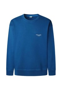 Felpa blu a girocollo con maniche lunghe e logo "PEPE JEANS LONDON" stampato in piccolo bianco sul lato sinistro del petto.