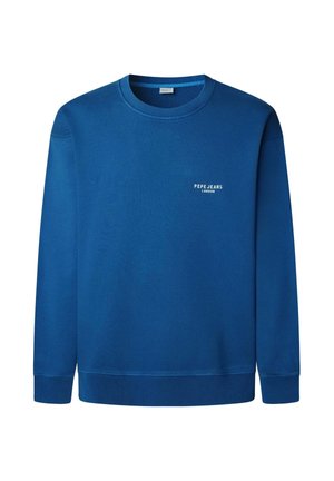 Modrý svetr s kulatým výstřihem a dlouhými rukávy, s malým bílým potiskem "PEPE JEANS LONDON" na levé části hrudi.