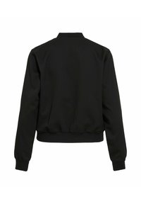 Zwarte bomberjack met een geribde kraag en boorden, in een cropped lengte en een gladde textuur. Geen zichtbare versieringen of hardware.