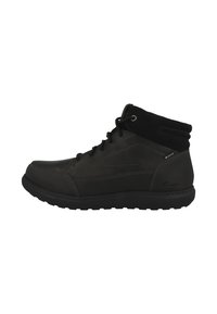 Bottes mi-hautes noires en cuir et suède, dotées d'un laçage, d'un col rembourré et d'une semelle en caoutchouc texturé.