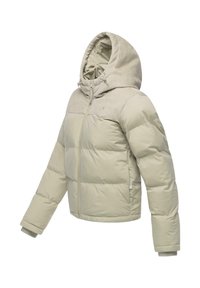 Lysegrå puffjakke med strukturert hette og øvre brystparti, med glidelås foran, elastiske mansjetter og en litt kortere kant nederst.