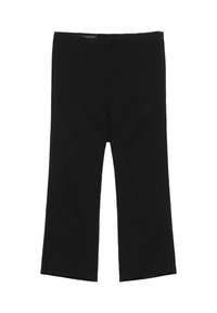 Črne hlače s srednjim pasom in ravnimi nogavicami, z bočnim zadrgo in majhnim razporkom na spodnjem robu, izdelane iz gladkega blaga.
