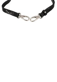 Black textured leather strap with two silver metal lobster clasps attached at each end on a white background.