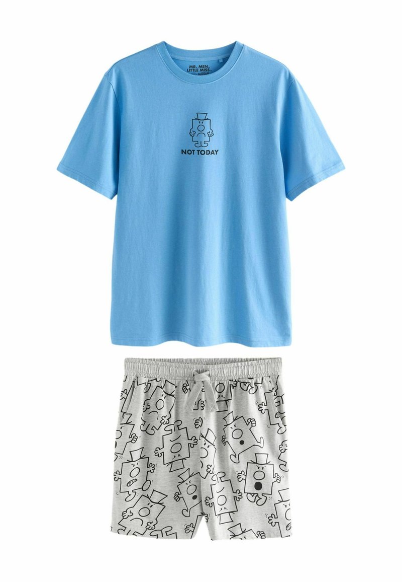 Lyseblå T-shirt med teksten "Not Today" og en karakter, parret med grå shorts med flere karakterer i sort omrids iført højhatte.
