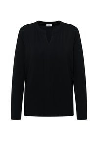 Černý top s dlouhým rukávem a výstřihem do V, vyrobený z hladké látky s minimalistickým designem. Jemný šev vedoucí po středu přední části.